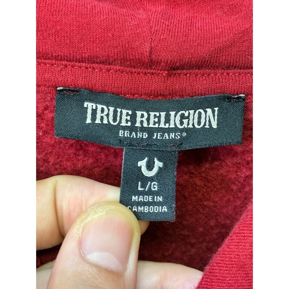 True Religion Silicone Tape Pullover Hoodie Sweatshirt Mens L Red Streetwear Y2K